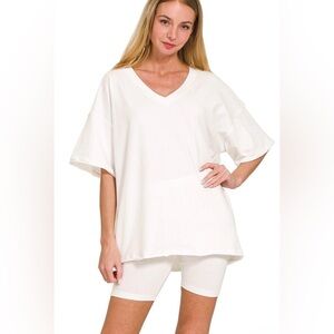 Zenana Cotton V-Neck Top And Biker Shorts Set Size L